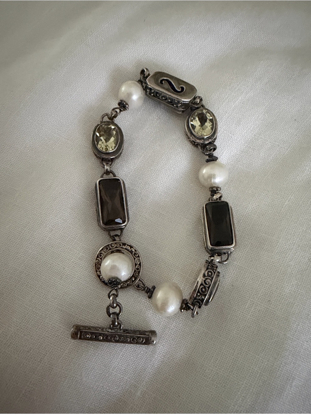 Silver-Tone Pearl & Smoky Crystal Link Bracelet